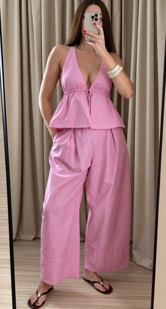Top halter z popeliny w paski + szerokie spodnie z popeliny w paski
