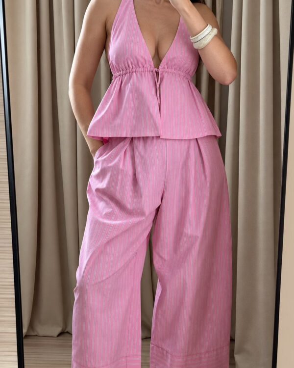 Top halter z popeliny w paski + szerokie spodnie z popeliny w paski